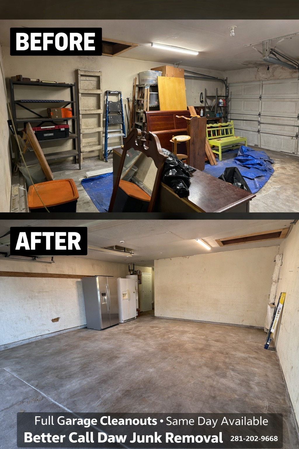 Garage cleanout before and after — Daw's Junk Solutions Pearland TX