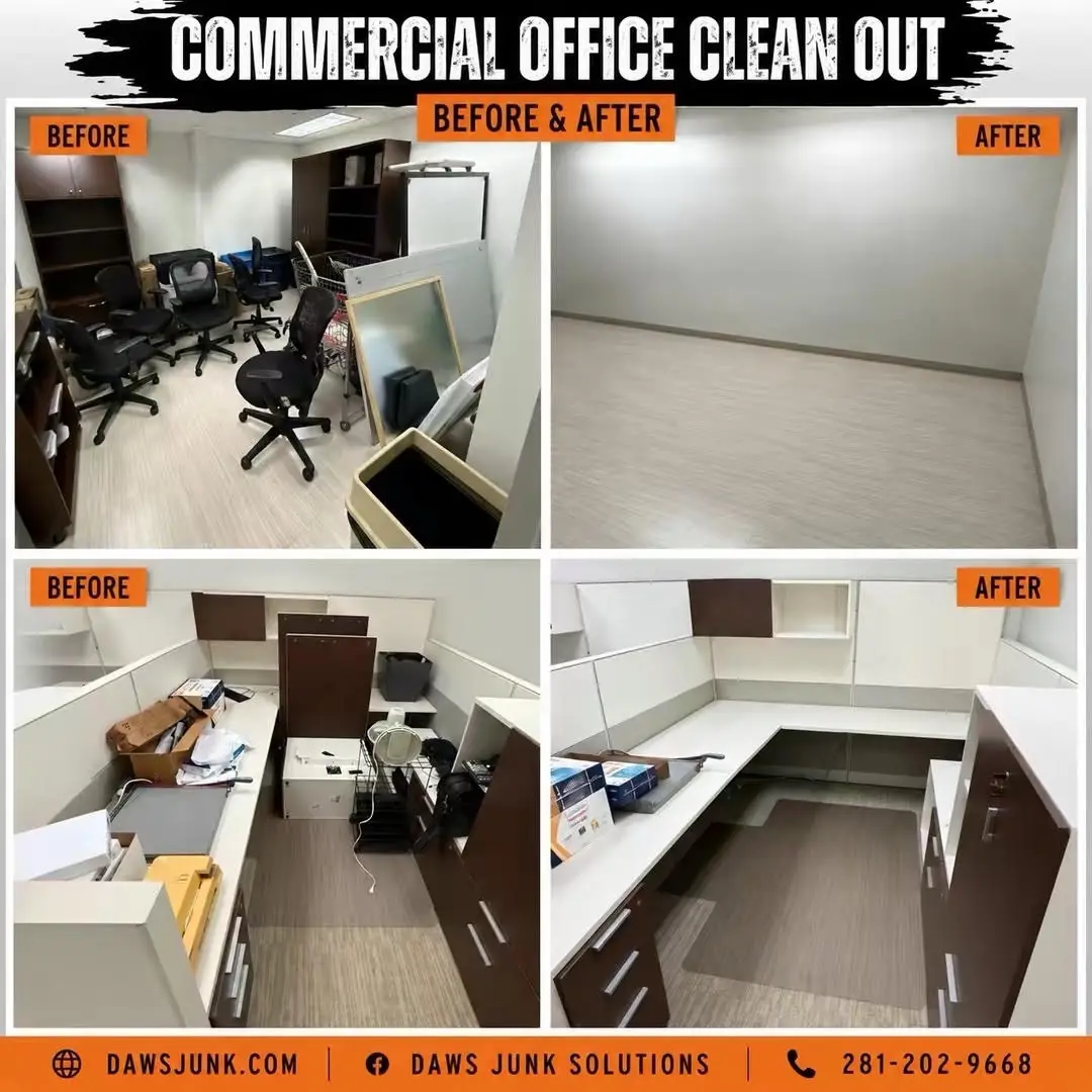 Commercial office cleanout before and after in Downtown Houston. Daw's Junk Solutions cleared desks, chairs, and cubicles from a 26th-floor office for a move-in-ready space