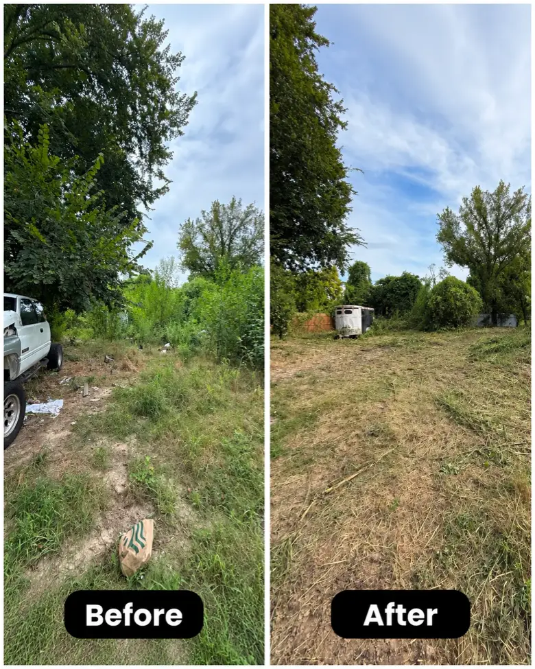 Before and after of an overgrown lot: before showing scattered trash and heavy vegetation with a pickup truck parked at left, after showing the lot cleared and mowed with an enclosed trailer visible in the background.