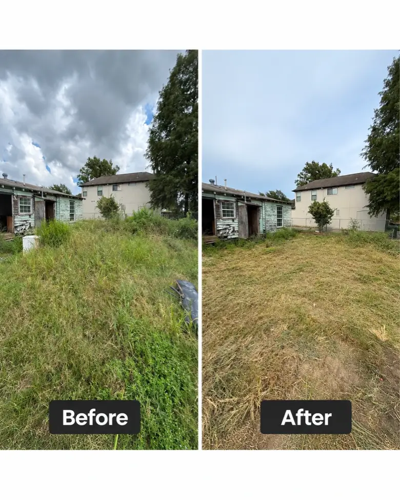 Before and after of an overgrown strip of land: before showing waist-high overgrown grass and weeds between two houses, after showing the same strip mowed down short.