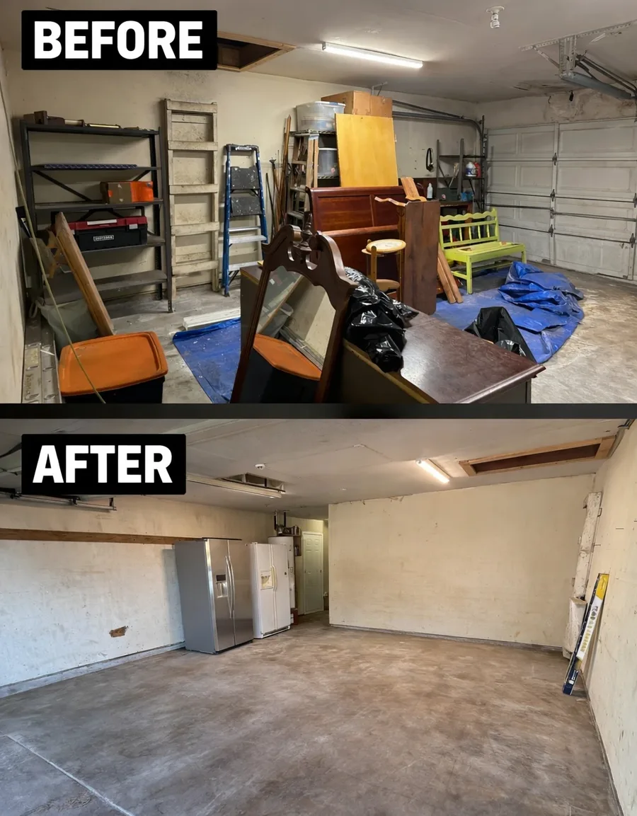 Before and after of a South Houston garage cleanout: packed with furniture, a piano, shelving, and ladders, then swept empty for a home sale listing.